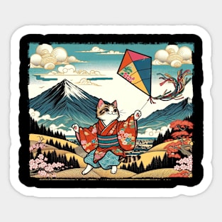 Vintage Japanese Art Kite Lover Playful Kid Cute Cat Sticker